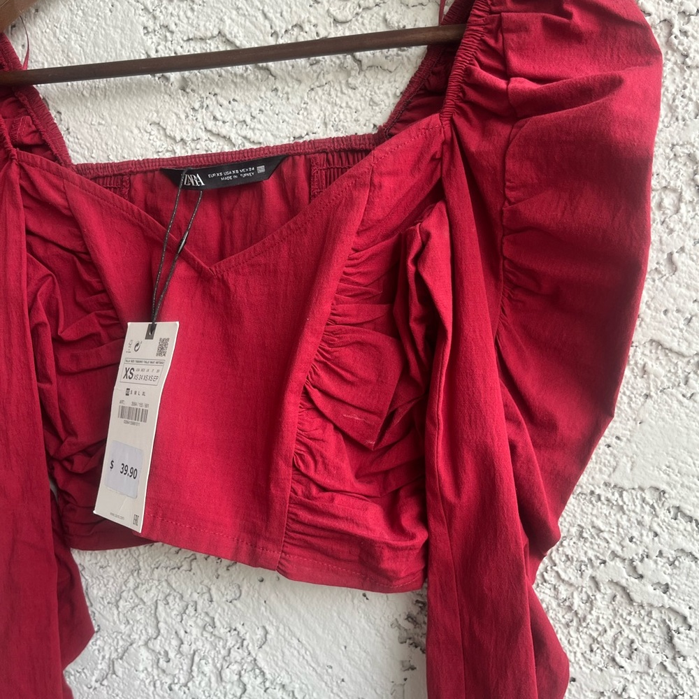 ZARA Cropped Blouse with Puff Sleeves Women’s XS NWT - Picture 5 of 10